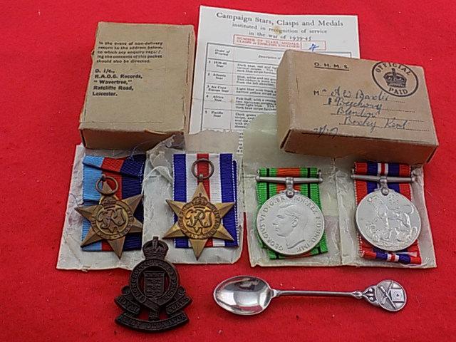 WW11 Medal Group in RAOC box, Silver Spoon & Cap Badge