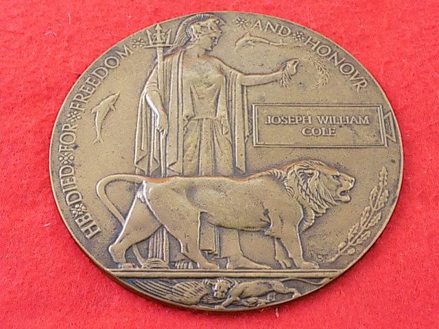 Unique Named WW1 Plaque - Joseph William Cole
